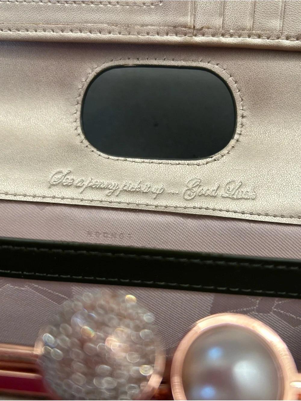 Ted Baker Olive Green Patent Clutch with crystal and pearl kiss lock